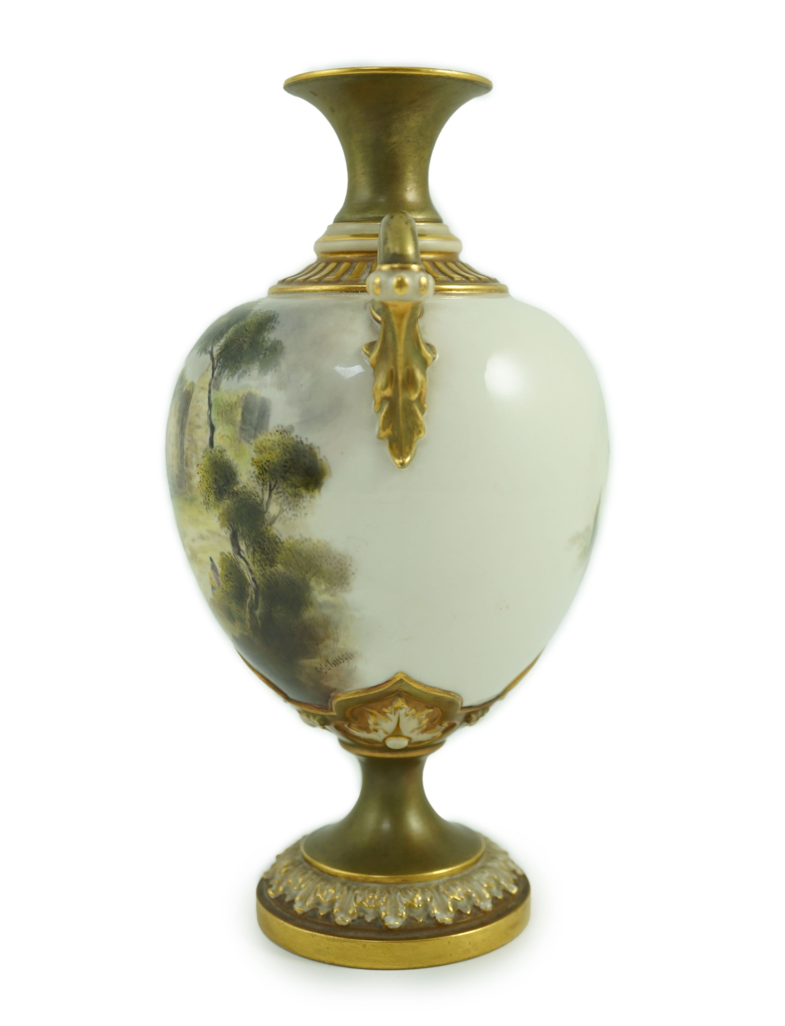 A Royal Worcester two handled vase painted with Caerphilly Castle by C. Johnson, c.1912, 21.5cm tall